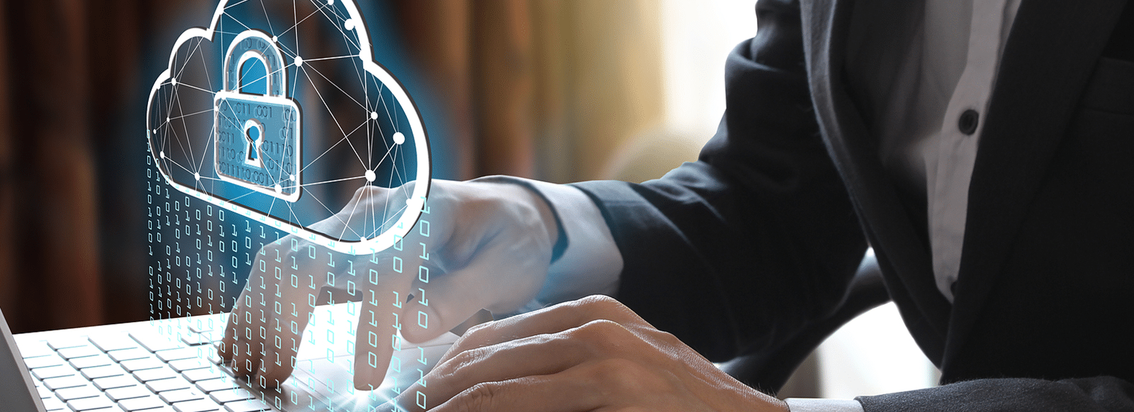 Guy using computer with cyber security graphic