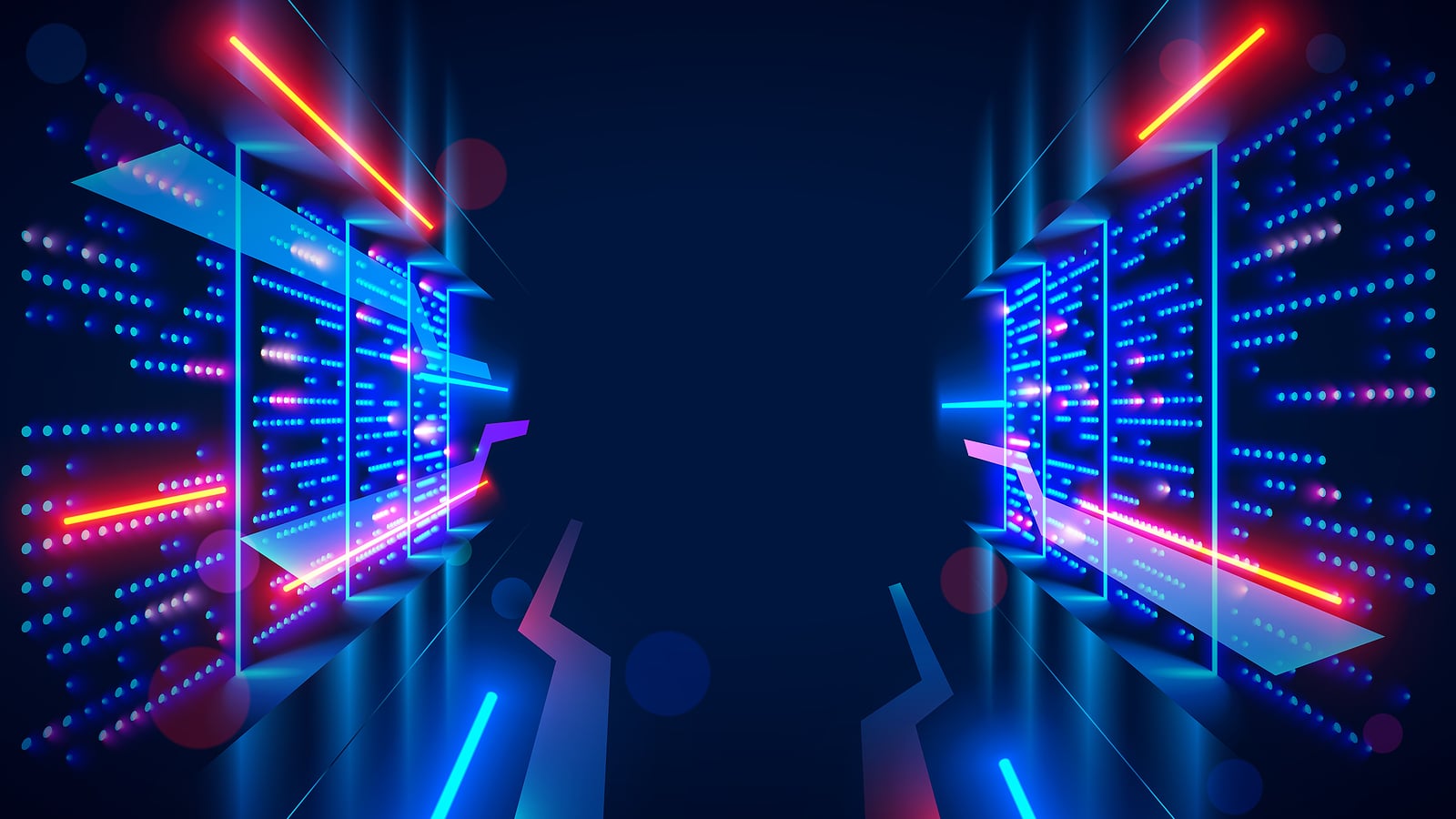 Data center or server room with servers of information cloud storage. Dark datacenter with light of data signals. Technology of computer warehouse of data. Hosting service conceptual tech background.