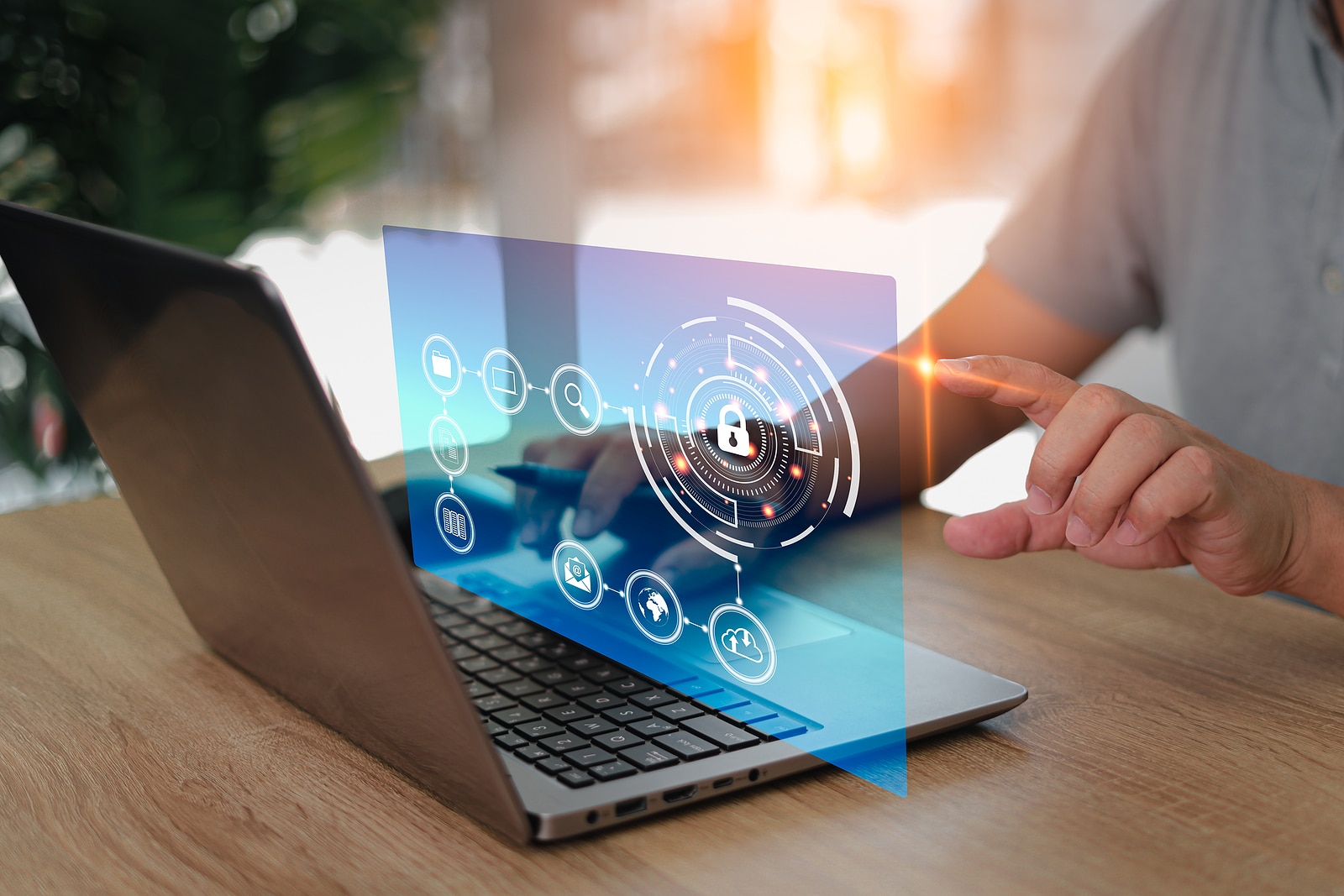 Business concept and virtual screen of the online security plan,Man use laptop for Data protection and secure online document. Cyber internet security technologies and data encryption