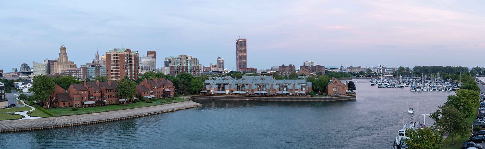 Buffalo, New York - August 27, 2021: A high angle view of the city of Buffalo with the river inlet.