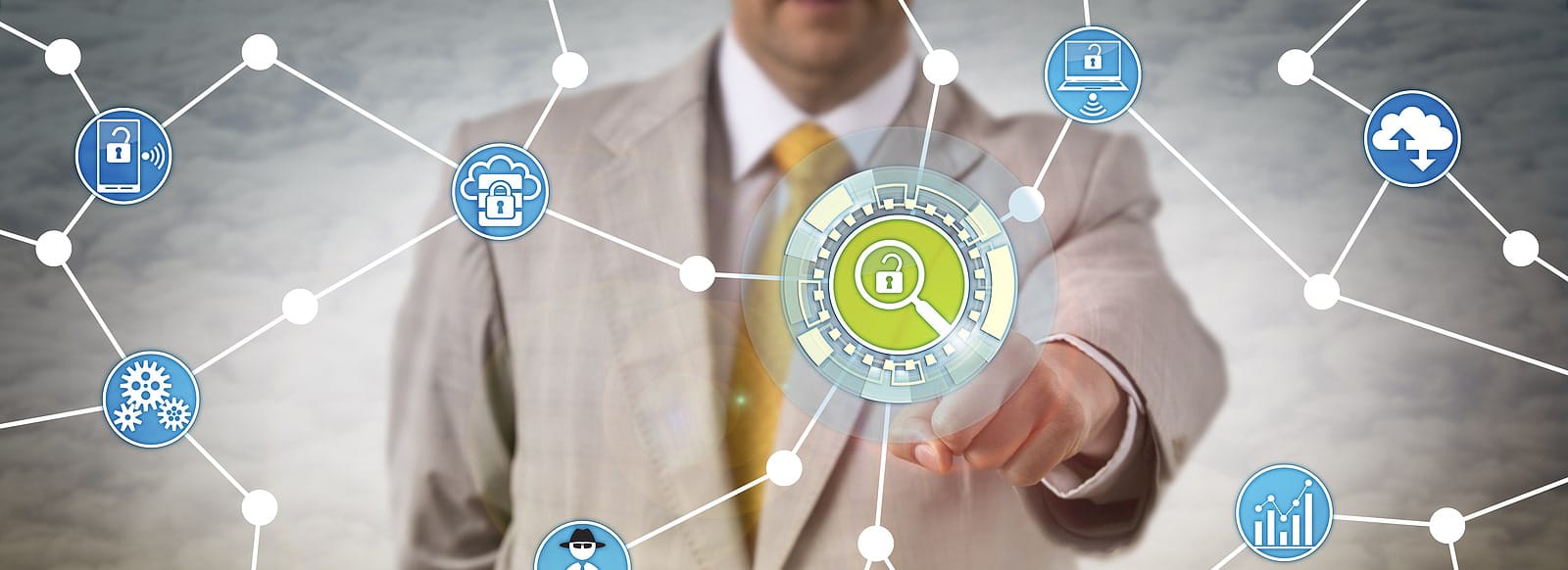 Unrecognizable security manager is touching a virtual investigative tool. Cybersecurity concept for penetration test proactive cyber defense fraud prevention incident response and investigation.