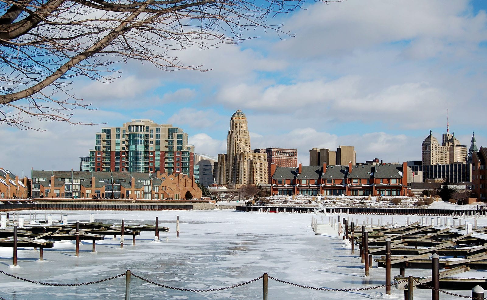 Buffalo, New York skyline on a sub zero day in winter.
